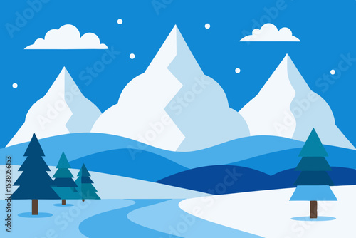 Snowy mountain landscape with frozen lake and pine trees