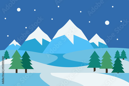 Snowy mountain landscape with frozen lake and pine trees