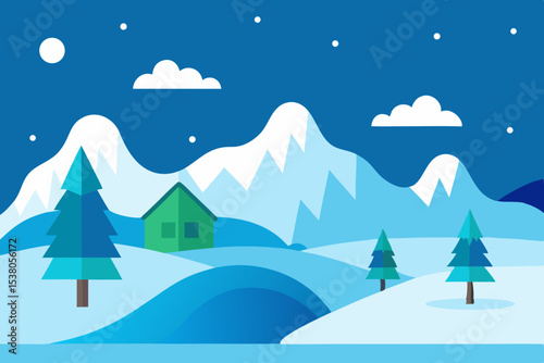 Snowy mountain landscape with frozen lake and pine trees