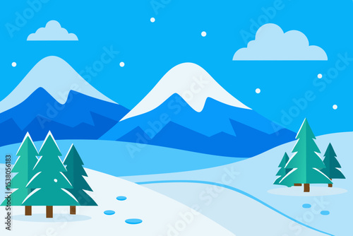 Snowy mountain landscape with frozen lake and pine trees
