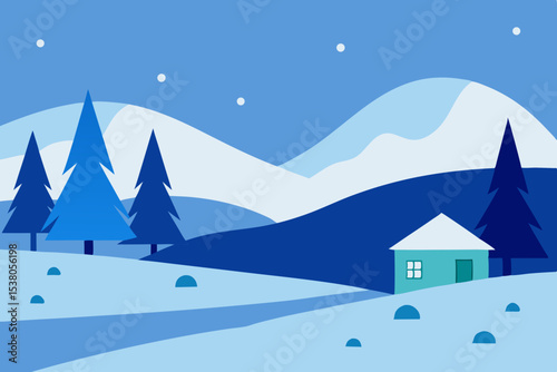 Snowy mountain landscape with frozen lake and pine trees