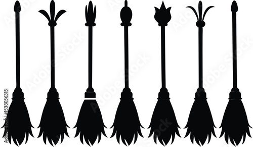 halloween broomstick black silhouette set, halloween broomstick bundle