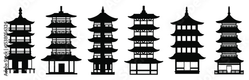 Silhouette of traditional Asian pagoda roof, Black and white vector silhouette of a tiered pagoda roof with curved edges, ideal for cultural, spiritual, or architectural designs.