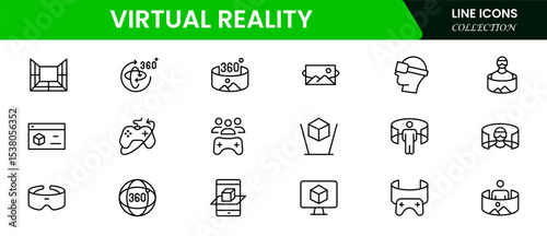 Immersive vector web line icons depicting virtual reality, headsets, simulations, immersive tech, and digital worlds for interactive experiences.