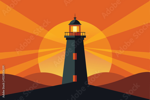 Lighthouse at sunset over a landscape, illuminated by a vibrant orange sun.