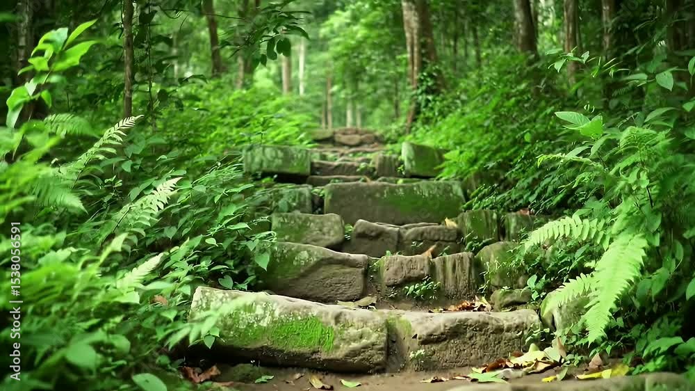 Stone Steps Through Lush Green Forest Path with Ferns and Dense Foliage On A Sunny Day Stone Steps Through Lush Green Forest Path with Ferns and Dense Foliage On A Sunny Day