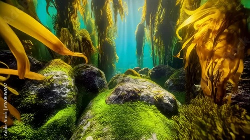 Underwater scene of kelp forest with sunbeams filtering through water, creating a serene and mystical ambiance