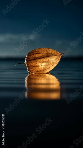 Delicate golden physalis fruit in calm water, reflected, bathed in soft, warm light, against a backdrop of dark blue, mysterious.