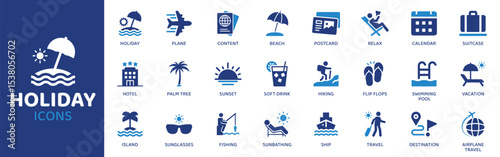 Holiday - Icon Collection. Thin Line Set contains such Icons as Holiday, Vacation, Travel, Beach, Resort, Hotel, Flight and more. Simple web icons set.