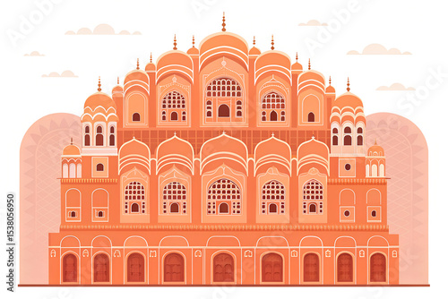 Hawa Mahal flat vector with warm orange-pink gradient tones, grain effect generative ai