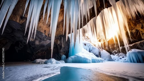 Interior view of a snow covered cave featuring enormous icicles hanging from the ceiling illuminated by sunlight breaking through an opening, creating a magical ambiance