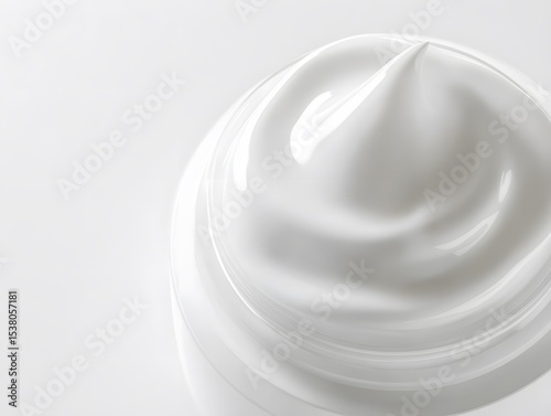 A close up shot of a swirl of white cream with a smooth texture on a white background in soft lighting