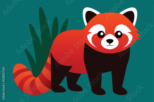 A stylized red panda stands amidst lush green foliage.