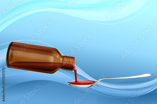 bottle pouring medicine syrup in spoon Healthcare and Medical Concept