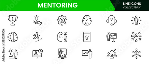 Supportive vector web line icons depicting mentoring, guidance, coaching, knowledge sharing, and professional growth for empowering personal development.