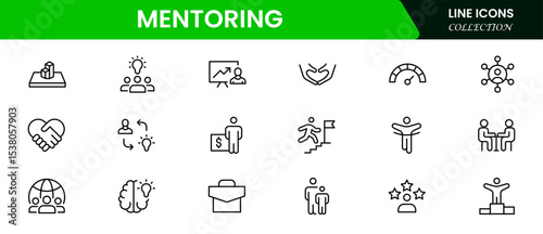 Supportive vector web line icons depicting mentoring, guidance, coaching, knowledge sharing, and professional growth for empowering personal development.