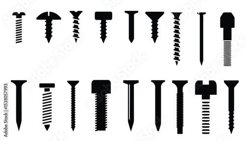 Screw tools, bolt and nail nut silhouettes collection in black