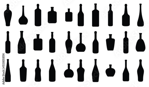 Set of alcohol bottle silhouette icon. Black alcohol bottle collection