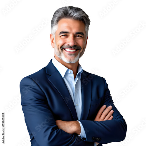Ai generated image of smiling mature businessman with arms crossed isolated on transparent background