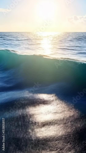 Radiant ocean wave cresting in the bright morning sun, clear azure sky and golden reflections on turquoise water in a tranquil seascape setting.