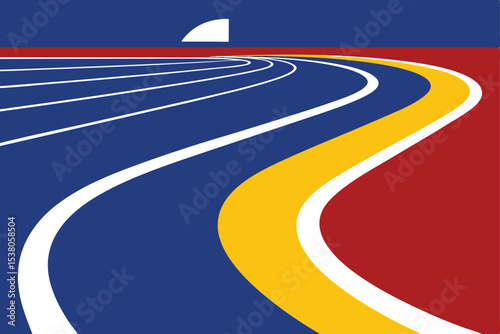 Abstract illustration of a running track with blue lanes, yellow accents, and a red and blue background with a sun.