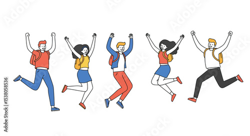 Cartoon vector illustration of excited school students jumping in joy. Featuring colorful characters in school uniforms on a white background.