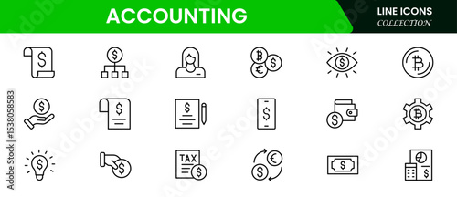 Precise vector web line icons depicting accounting, bookkeeping, financial reports, calculators, and budget management for accurate fiscal operations.