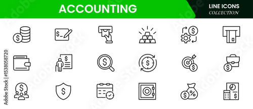 Precise vector web line icons depicting accounting, bookkeeping, financial reports, calculators, and budget management for accurate fiscal operations.
