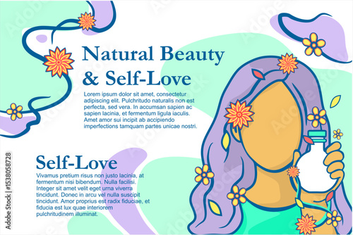 Illustration of Woman with Floral Hair – Natural Beauty and Self-Love Concept, Modern Beauty Diversity Concept, for social media advertising posts, Promotional banners and flyers