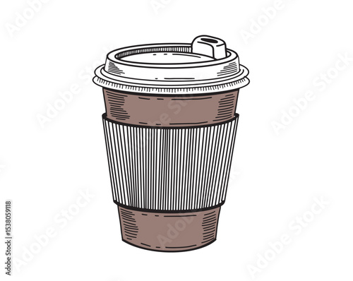 Coffee in a paper cup, hand drawn on white