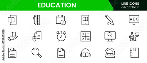 Engaging vector web line icons depicting education, learning tools, books, digital classrooms, and academic growth for knowledge advancement.