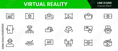 Immersive vector web line icons depicting virtual reality, headsets, simulations, immersive tech, and digital worlds for interactive experiences.