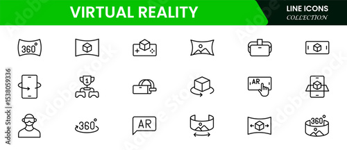 Immersive vector web line icons depicting virtual reality, headsets, simulations, immersive tech, and digital worlds for interactive experiences.