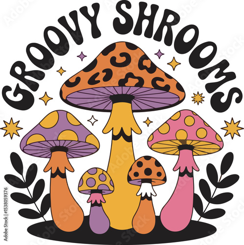 Groovy Shrooms Retro Orange Purple Pink Mushrooms Illustration