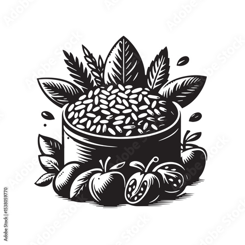 Black Risotto Primavera Silhouette Vector, High Quality Illustration on White Background