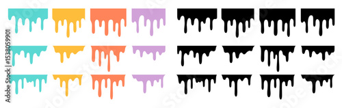 Vector collection of dripping shapes in both colorful and black versions. Great for paint effects, banners, abstract design, or graffiti style elements.