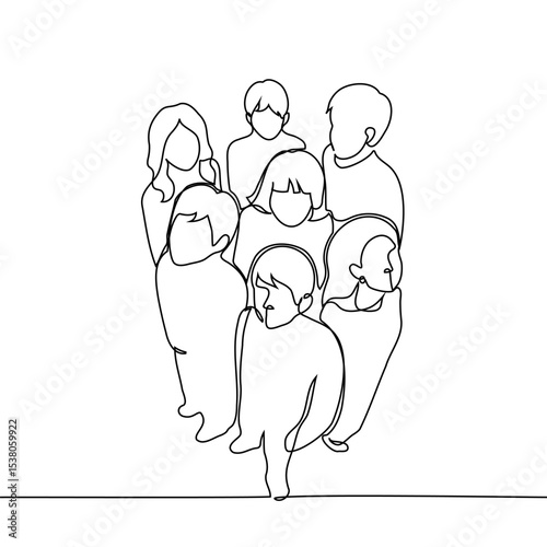 group of young people standing together, top view - one line art vector. concept collective, team, friends, generation