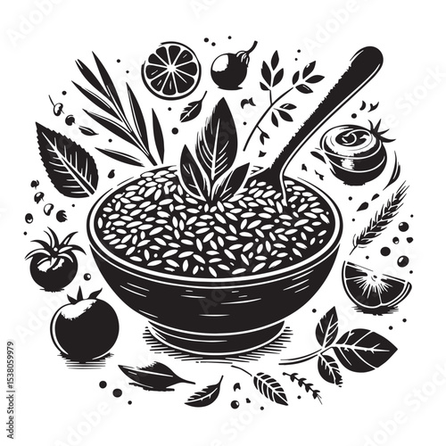 Black Risotto Primavera Silhouette Vector, High Quality Illustration on White Background