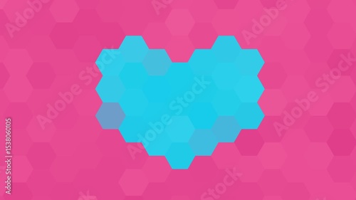 Blue heart and pink simple abstract hexagon background, geometric animation