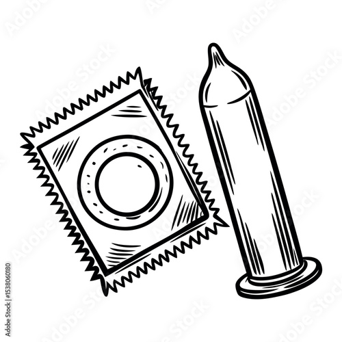 A rolled condom and its packaging, isolated on white background