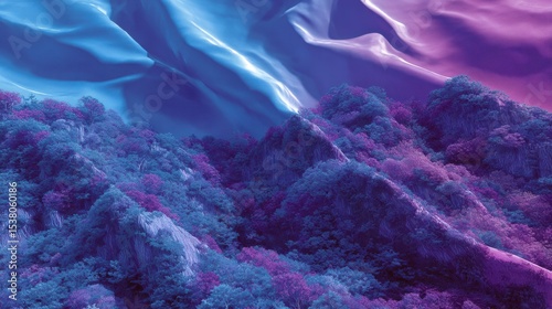 Surreal Landscape with Flowing Blue and Purple Fabric Over Mountainous Terrain