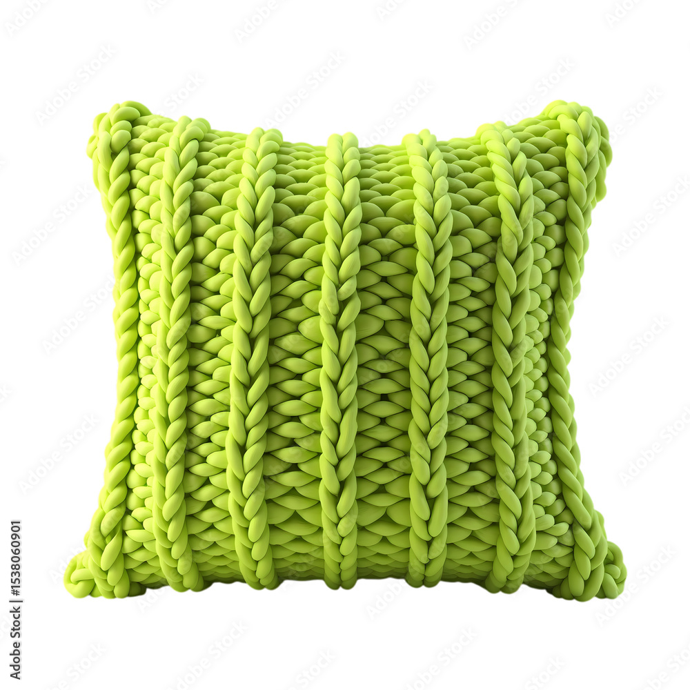 Fototapeta premium A square chartreuse knitted pillow with vertical braid design isolated on transparent background