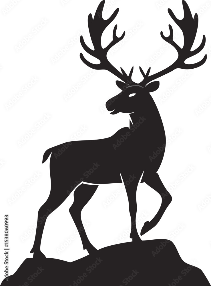 Obraz premium Majestic Black Silhouette of a Deer on a Hillside Large Antlers white