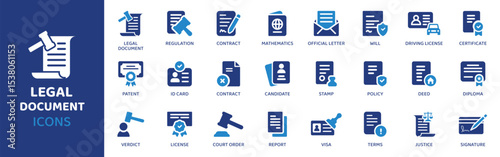 Legal Document - Icon Collection. Thin Line Set contains such Icons as Contract, Agreement, Clause, Deed, Form, Signature, Notary and more. Simple web icons set.