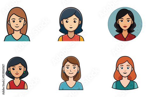 Collection of Six Cartoon Woman Avatars with Different Hairstyles and Skin Tones on a White Background