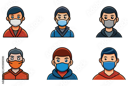 Diverse Cartoon Men Wearing Face Masks for Protection Against Viruses and Air Pollution on White Background