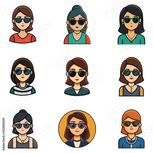 Diverse Cartoon Woman Avatars Wearing Sunglasses with Different Hairstyles and Outfits on a White Background
