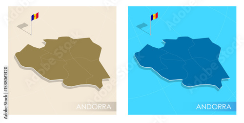 Andorra country flag installed on geographic positioning map point of country territory. Andorra commonwealth banner on land and sea. Festive patriotic HD format template for independence day