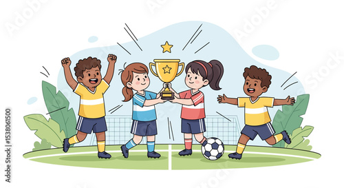 Adobe illustrator artwork vector illustration of a cheerful youth soccer team proudly celebrating their victory with a shiny trophy and a soccer ball, emphasizing teamwork and achievement