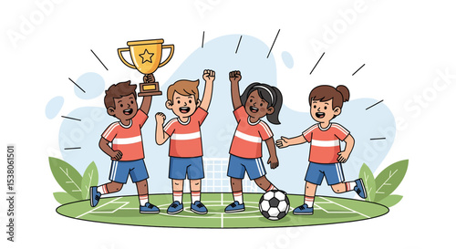Adobe illustrator artwork vector illustration of a cheerful youth soccer team proudly celebrating their victory with a shiny trophy and a soccer ball, emphasizing teamwork and achievement